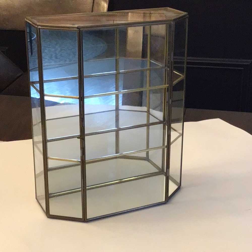 Vintage hexagonal brass and glass tabletop curio with mirrored bottom